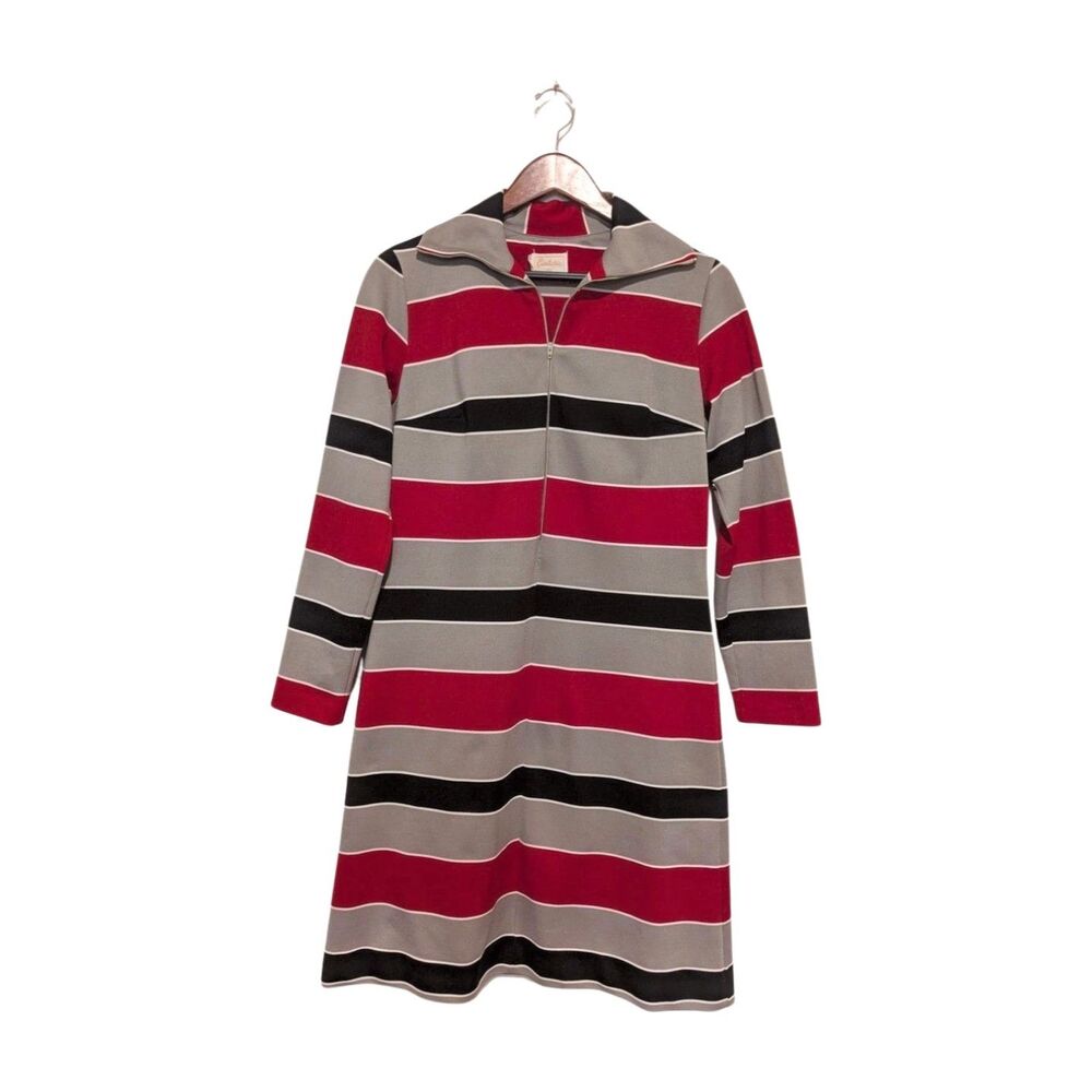 Vintage 1970s Cintura M Retro L/ S Zip Up Collared Shift Dress Knit Red Gray